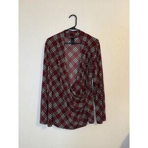 Vintage Lane Bryant Red Houndstooth  V-Neck Long Sleeve Top Plus Size 14/16